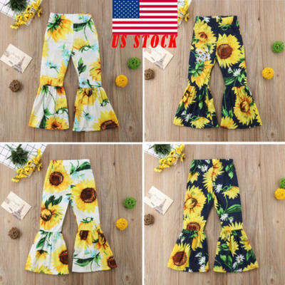 

US Infant Kids Baby Girls Sunflower Loose Leggings Long Leg Pants Bell-Bottoms