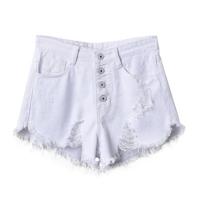 

Women Summer Hole Hot Denim Solid Color High Waist Slim Casual Wide Leg Shorts