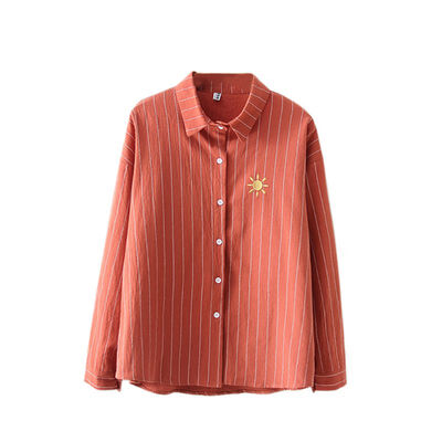 

Women Embroidery Shirt Striped Cotton School Blouses Office Ladies Tops Female Blusas Plus Size Loose Work Shirt Autumn