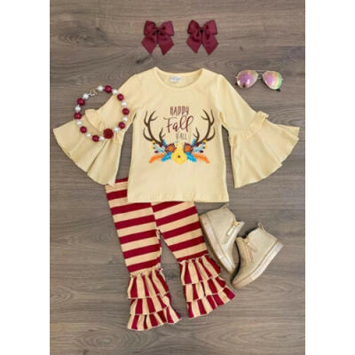 

Newborn Kid Baby Girl Christmas Deer Ruffle Tops T-shirtStripe Pants Outfit Set