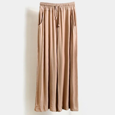 

Fashion Women Autumn Modal Wide Leg Pants Solid Color Straight Elastic High Waist Drawstring Pocket Loose Trousers