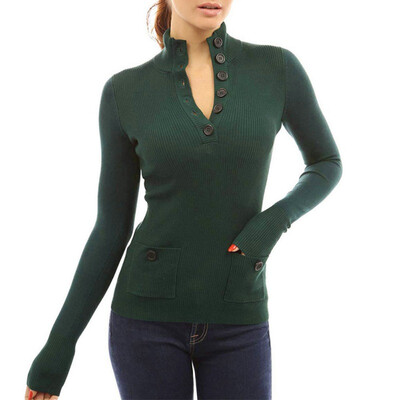 

Autumn Women\s Patchwork Button Down Knitted Thermal Full Sleeve Top Female Turn Down Collar Shit