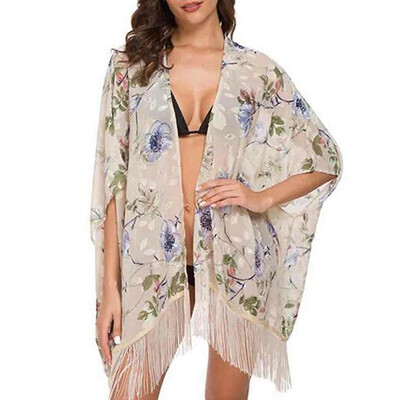 

2019 Summer Womens Sexy New Style Elegant Fashion Design Chiffon Print Kimono Cardigan Bikini Blouse Sun Protection Clothing