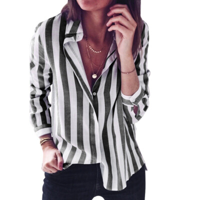 

Ladies Striped Long Sleeve Turn Down Collar Button Loose Blouse Shirt Spring Summer Womens Tops And Blouses Casual Tees