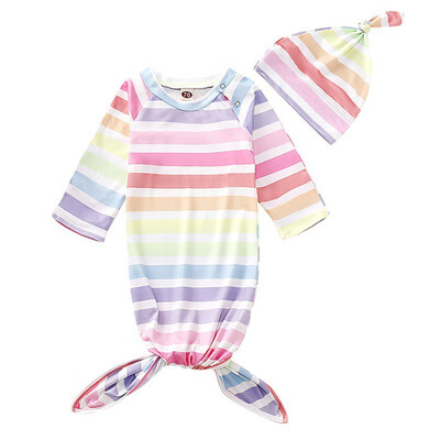 

Newborn Baby Soft Colorful Striped Printing Blankets Swaddling Infant Sleeping Bag And Hat Set