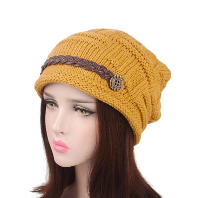 

Women Winter Knitted Braided Beanie Hats Cabled Checker Pattern Hat Beret Slouchy Button Leather Belt Cap