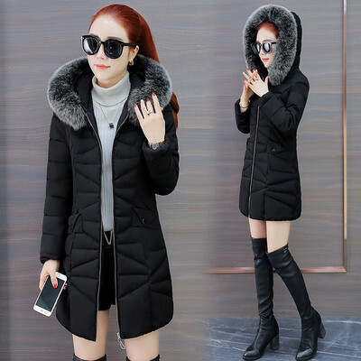 

Long section fur collar cotton coat Slim womens cotton hooded jacket 90271