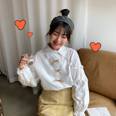 

Autumn Korean Style Loose Shirt Bow Ribbon Long Sleeve Turn-down Collar White Blue Retro Loose Ladies Blouses