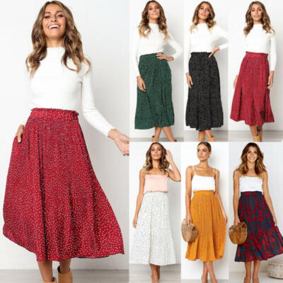 

Women Vintage Polka Dots Elastic Band Loose Autumn Polyester Long Skirt Retro