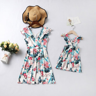 

Family Matching Spring And Summer Outfits Mother And Daughter Ruffles Sleeveless Skirt Flower Printed Dress Color 1207-8T