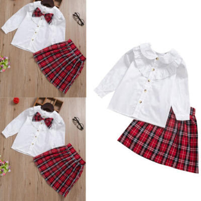 

Cute Baby Girl Kid Shirt Plaid Skirt Tie Studen Outfit Formal Clothes Top