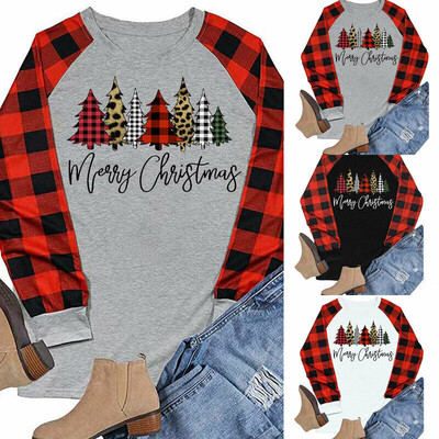 

Women Christmas Xmas Tree Letters Tee Tops Casual Long Sleeve T-Shirt Blouse