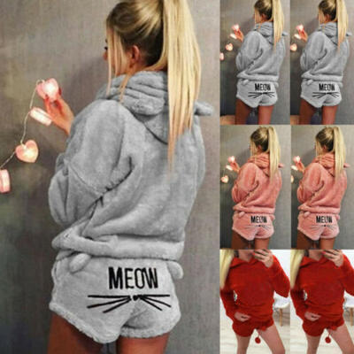 

UK Women Fashion Cute Cat Embroidered Warm Shorts Pajamas Hooded Suit 2Piece Set