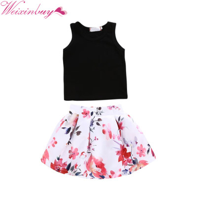 

New Summer Fashion Kids Girls Clothes Sleeveless Cotton Tops Vest Floral Printed Skirt Outfits Children Clothing Sets