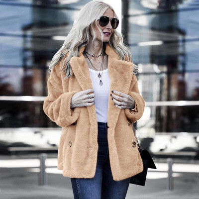 

Fashion Women Autumn Winter Faux Fur Coat Solid Open Front Notched Collar Long Sleeve Fluffy Outerwear Jacket