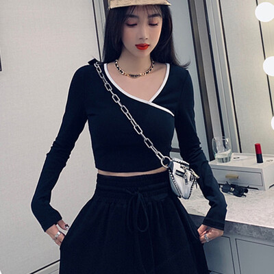 

Autumn Sexy V neck Women T Shirt Long Sleeve Party Club Crop Top Tees Casual Solid Color Streetwear T-shirt