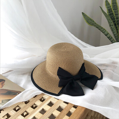 

Hat female summer brim woven straw hat folding small fresh beach bow Joker Korean sun visor