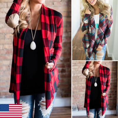 

Womens Buffalo Plaid Cardigans Long Sleeve Elbow Patch Draped Open Front Shirt