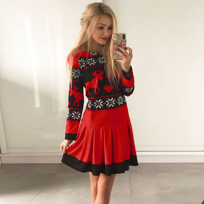 

Gobestart Women Xmas Christmas Print Sweatshirts Long Sleeve Snowflake Mini Dress