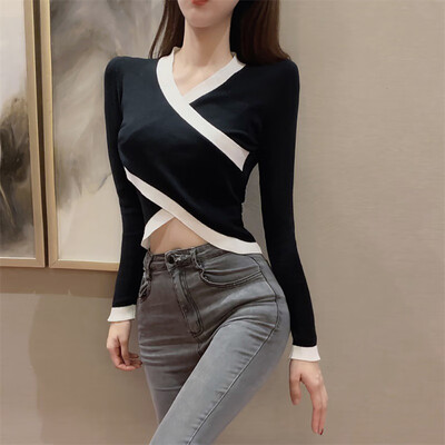 

Autumn Women V Collar Cross Fashion Korean Sweet Slim Sweater Solid Color Loose Long-sleeved Knitted Sexy Jumpers
