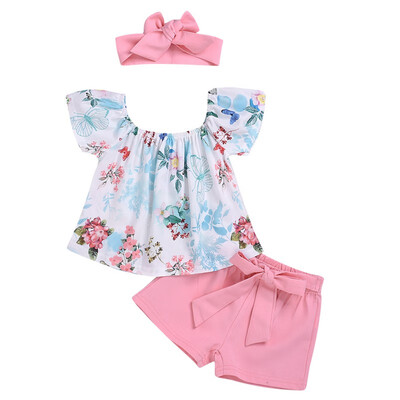 

Baby Sets Summer Kids Baby Girls Casual Floral Pattern Short Sleeve Tops T-shirtShortsHeadband Suits Costume Set