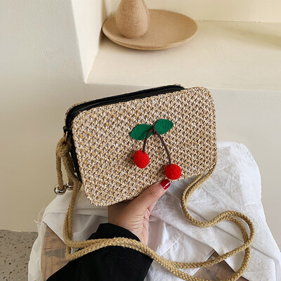 

Tailored Female Cherry Small Square Bag Fashion Shoulder Bag Straw Diagonal Cross Bag