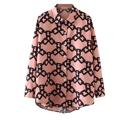 

Women Vintage Cartoon Blouse Chain Print Lapel Shirt Loose Single-breasted Long Sleeve Blouse