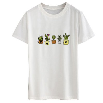 

Cute Cartoon Potted Plants Print Women Summer T-Shirt Short Sleeve O-Neck Top