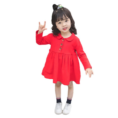 

Baby Girls Solid Print Long Sleeve Strawberry Button Design Dress Autumn Casual Kids Toddler Sundress