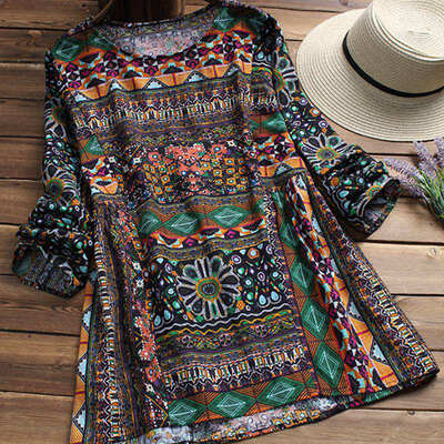 

Women Blouse Round Neck Printed Shirt Long-sleeved Casual Loose Cotton Linen Shirt Autumn Tops Plus Size -5XL