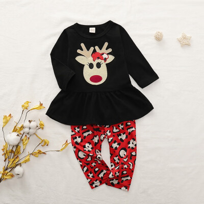 

2pcs Autumn Baby Girl Cotton Long Sleeve Christmas Elk Print T-shirt Dress Trousers Toddler Casual Outerwear Clothes Sets 6M-4T