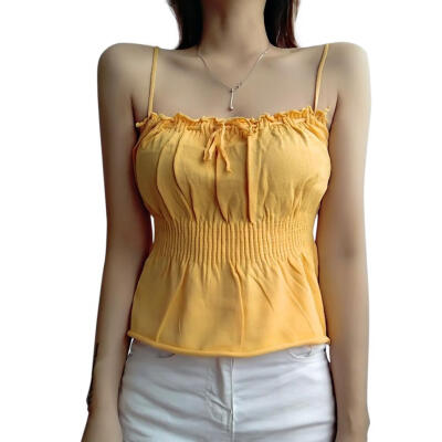 

Women Sleeveless Solid Defined Waist Knitted Backless Drawstring Strap Vest