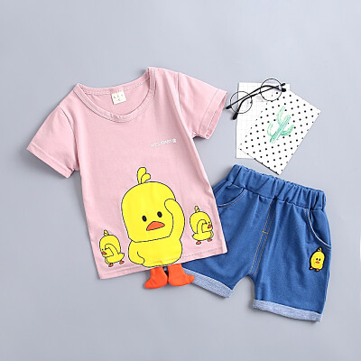 

2PcsSet Summer Children Baby Boys Casual Cotton Short Sleeve Cartoon Duck Print T-shirt TopsDenim Shorts Costume Set