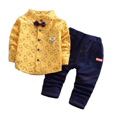 

2018 Korean Style children clothing boy Printed Plaid Solid Shirt Trousers Two-piece Suit 1-4 years old