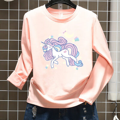

Women Spring And Autumn Round neck Cartoon Print Tops Fashion Wild Long-sleeved T-shirt Powder 4 Colors -L Size