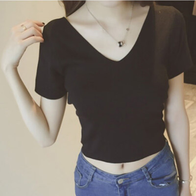 

Summer Backless Bandage Cross Slim V-neck Solid Short Knitted T-shirts For Women Short Sleeves Hollow Out Sexy Summer Top Female