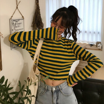 

Harajuku T Shirt Women Autumn Loose Round Collar Tshirt Autumn Stripes Print Loose Long Sleeve Casual Simple Wild T-Shirt Tops