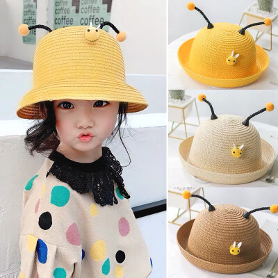 

Baby Summer Girls Sunshade Little Bees Breathable Straws Seaside Climbing Solid Color Sunscreen Straw Hat photography