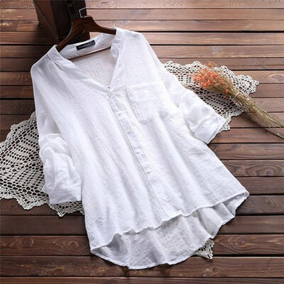

Blouse Women Casual Solid V Neck Blouse Cotton Linen Autumn Female Tops Long Sleeve V Neck Blouses Office Lady White Blouse