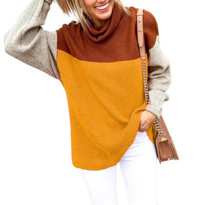

Women Long Sleeve High Collar Hit Color Stitching Knitted Loose Autumn Tops