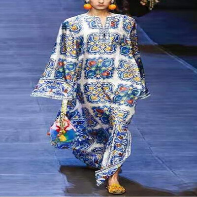 

V-neck Blue&White Porcelain Printed Strappy Long Flare Sleeve Maxi Dress