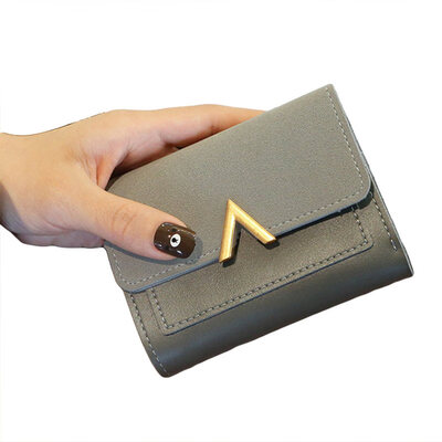 

Fashion Women V Letter Solid Color Faux Leather Short Wallet Clutch Matte Purse