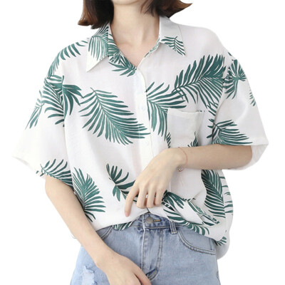 

Harajuku Beach Leaf Printed Lapel Pocket Couple Shirt women Loose Sunscreen Couple Kimono blusas clothes for Women Female Shirt