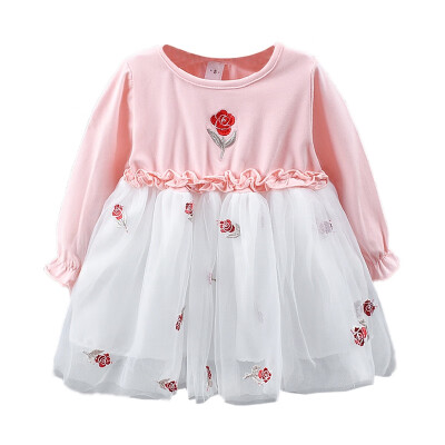 

Autumn Casual Baby Girls Long Sleeve Floral Pattern Patchwork Mesh Dress Kids Dresses