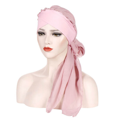 

Summer Pure Color Muslim Bonnet Hijab Forehead Cross Chiffon Long Tail Turban Hat Chemo Cap Head Scarf