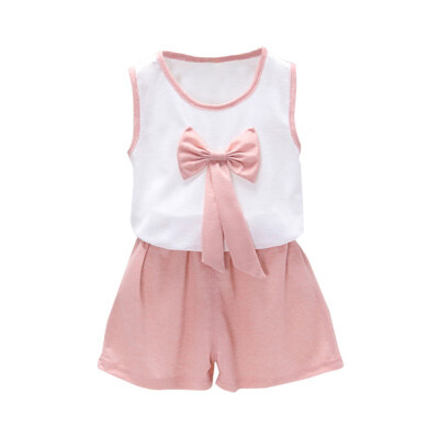 

Summer Kids Clothes Set Casual Sleeveless Tops Vest With BowknotShorts Suits Costume Girls Clothes Set