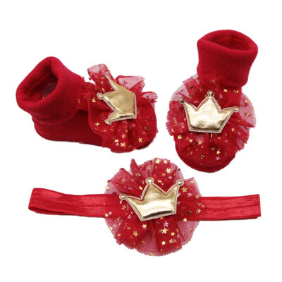 

Baby Girl Headwear Set Newborn Baby Cute Lace Cotton Socks with Crown Hairband