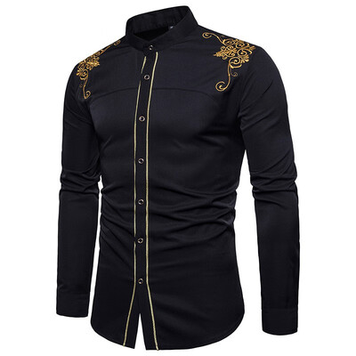 

men casual shirts long sleeve high quality hawaiian white slim fit shirt male flower mmbroidery overshirt camisa homme