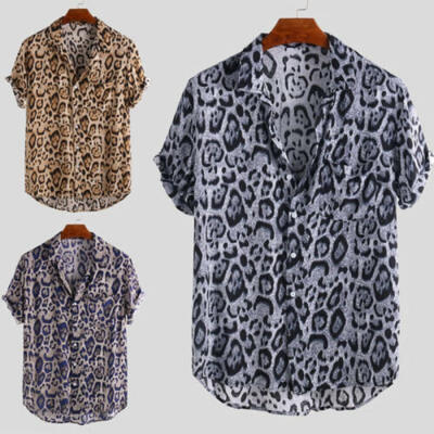 

Mens Slim Fit Leopard Printed Shirts Short Sleeve Casual Beach Blouse Tops Tees