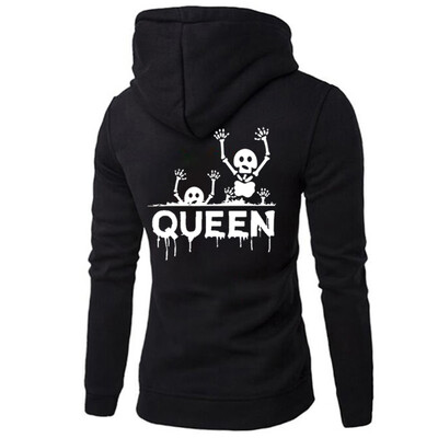 

New Couples Halloween Party Hoodies King Queen Letter Printed Skeleton Hooded Sweatshirt Pullover Lovers Tops